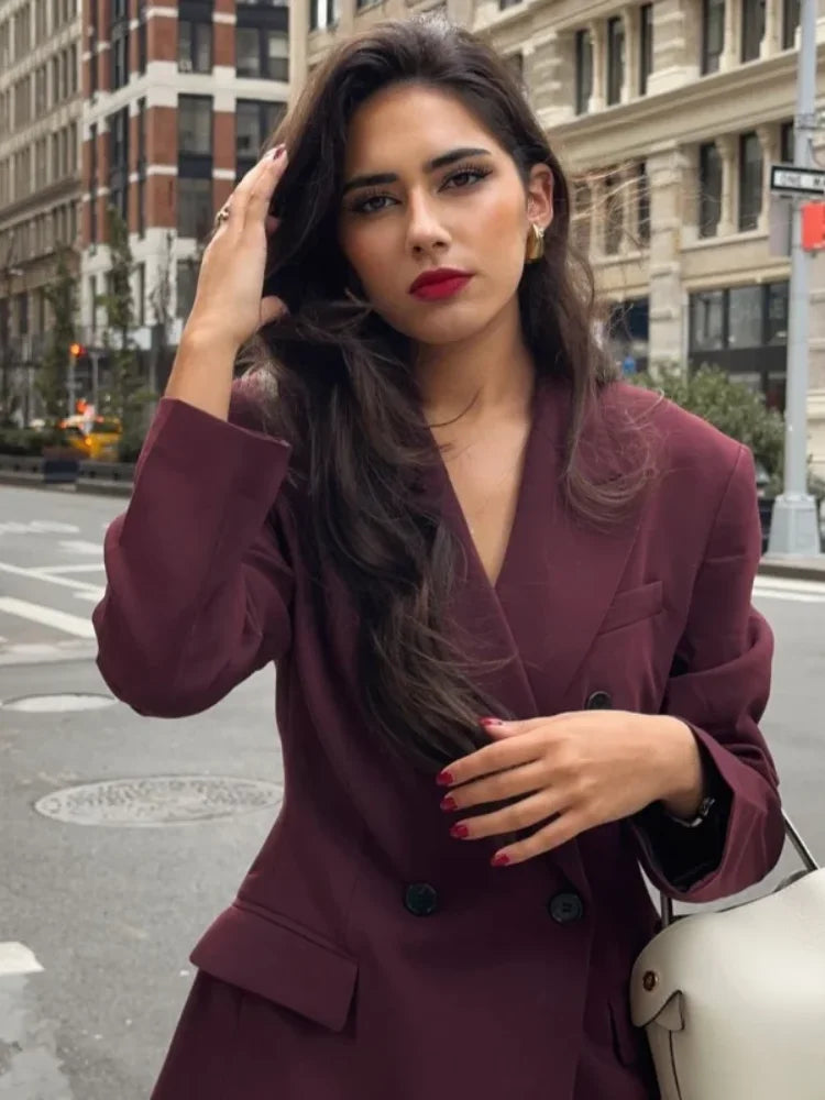 Burgundy oversized crossed closer blazer