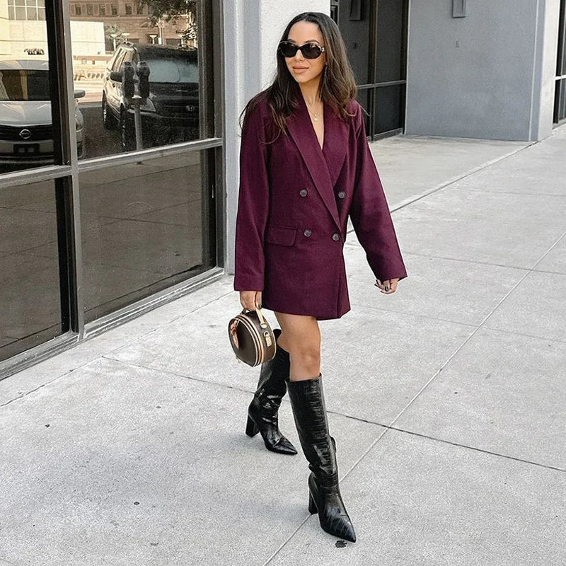 Burgundy oversized crossed closer blazer