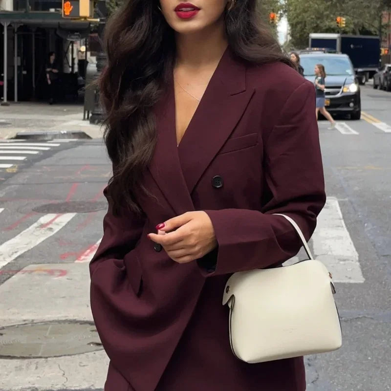 Burgundy oversized crossed closer blazer