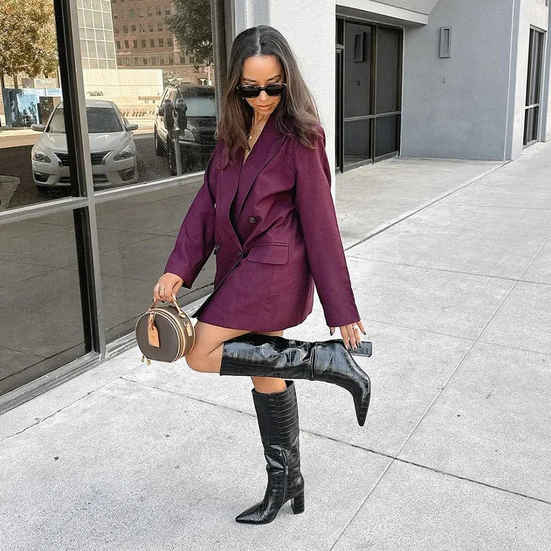 Burgundy oversized crossed closer blazer