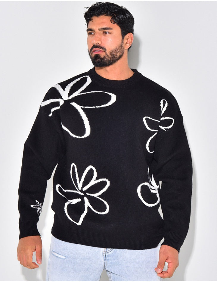 Men's flower knit jumper - black