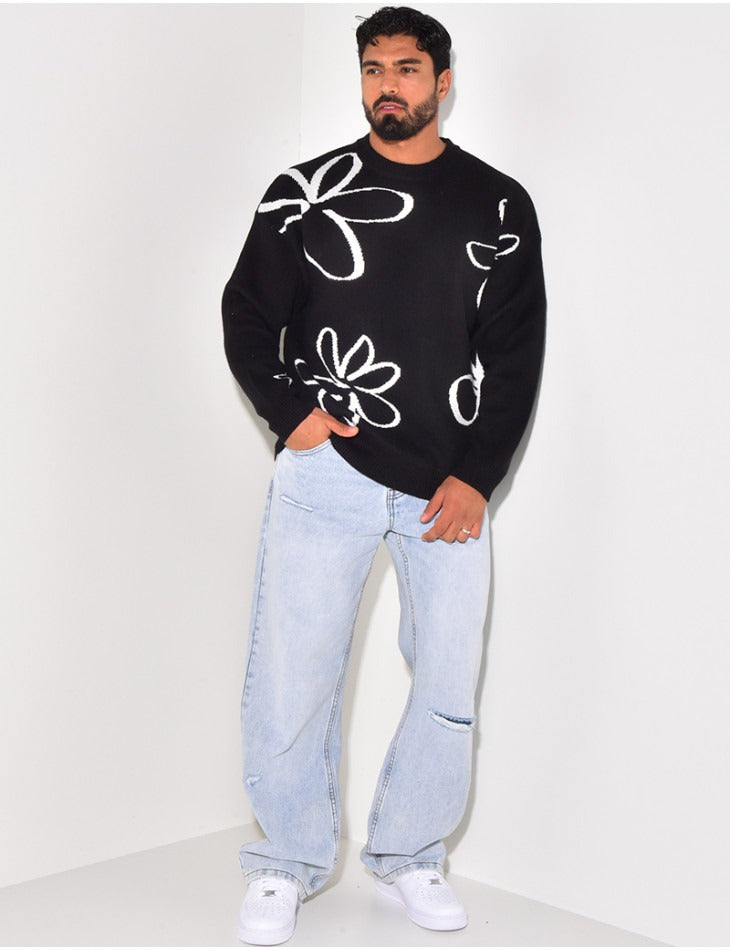 Men's flower knit jumper - black